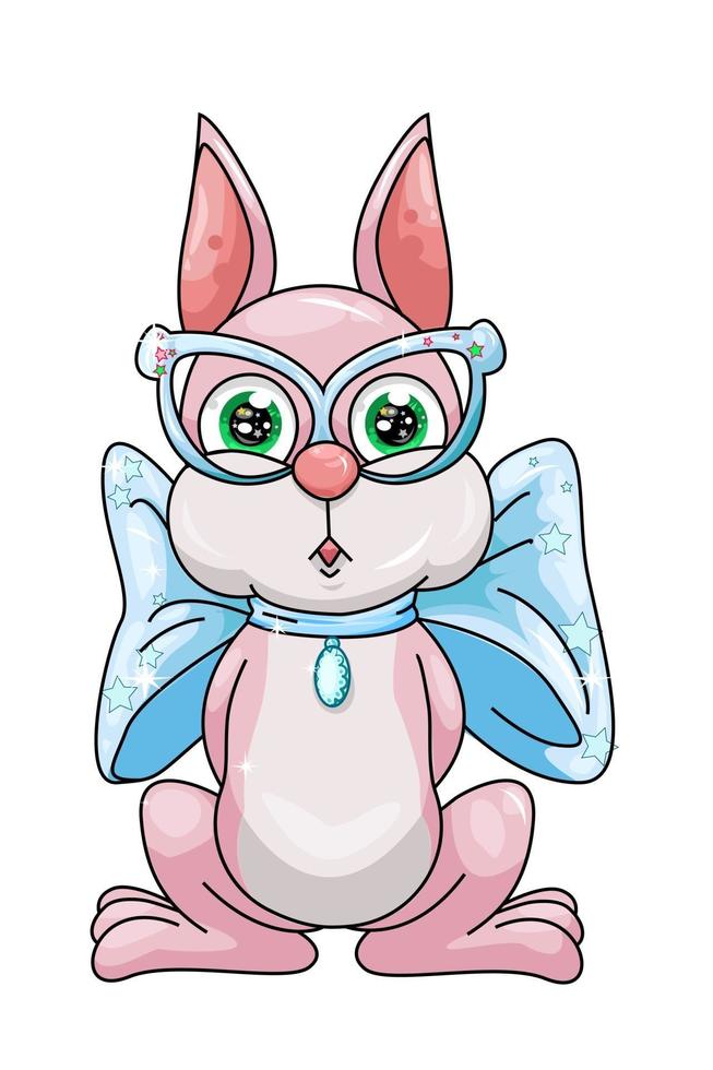 Un lindo conejo rosa con anteojos azules y collar de cinta, diseño de ilustración de vector de dibujos animados de animales