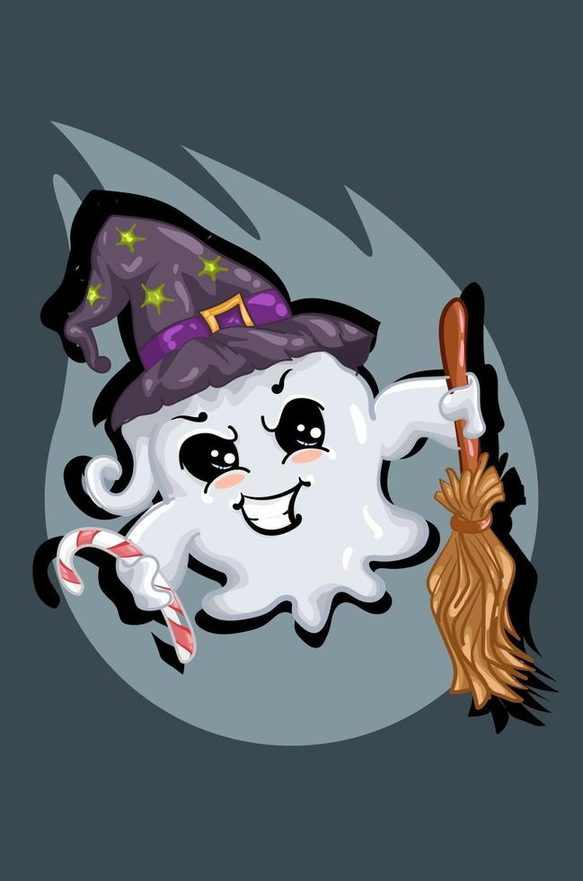 Cute white ghost wearing wizard hat bring candy and magic broom vector