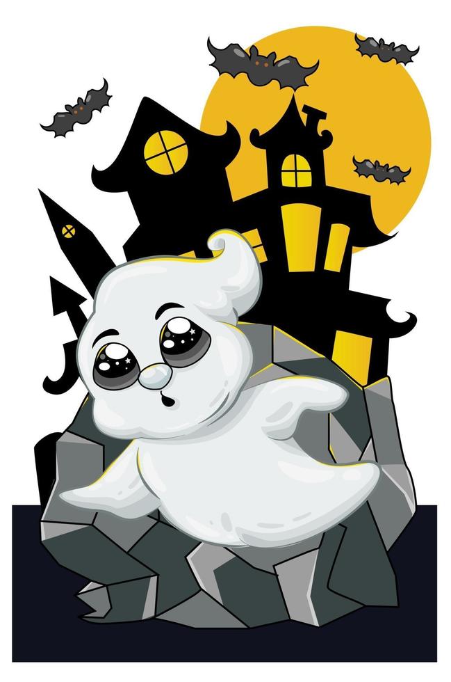 un pequeño fantasma blanco lindo en la noche de halloween vector