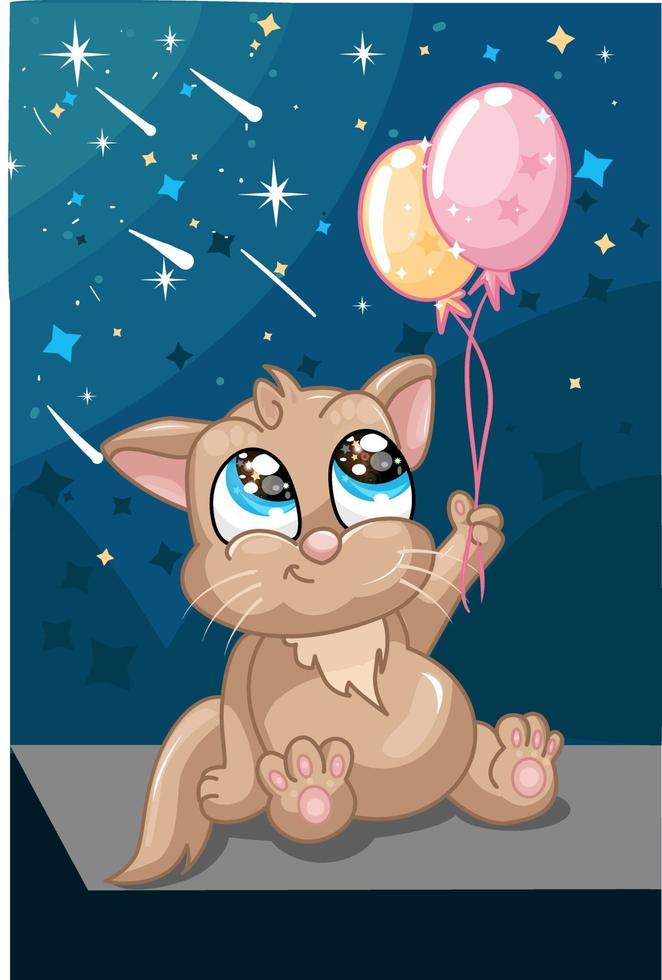 un lindo gato marrón sosteniendo dos globos bajo la iluminación del cielo nocturno vector