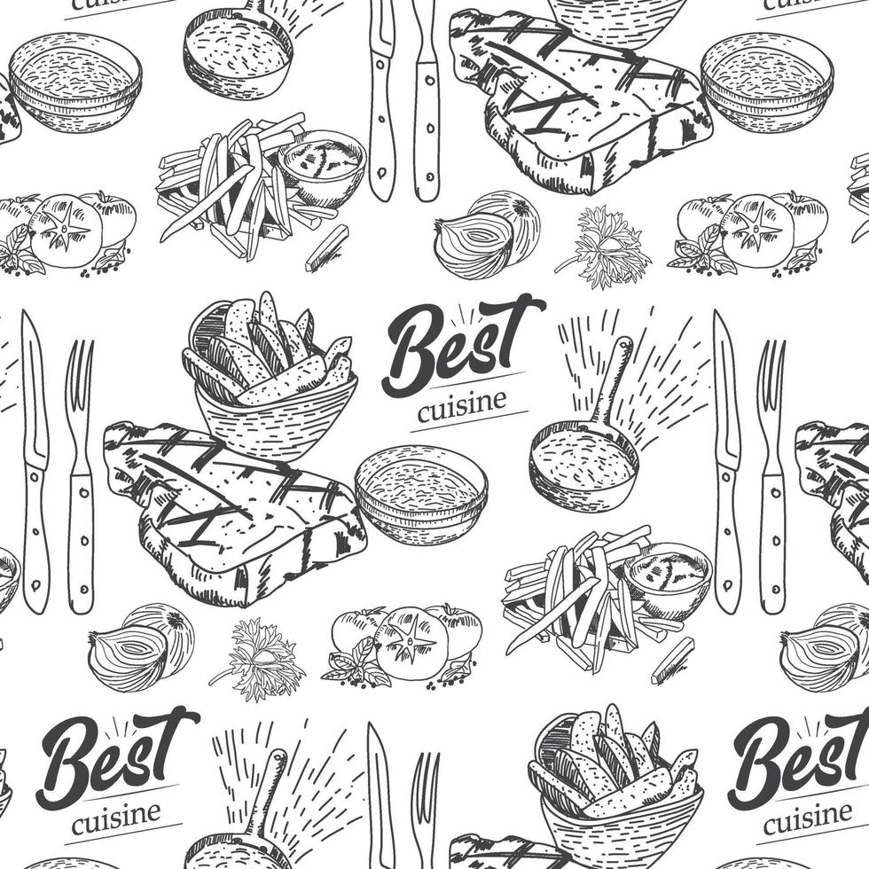 Hand drawn meat, steak, beef and pork, lamb seamless pattern vector