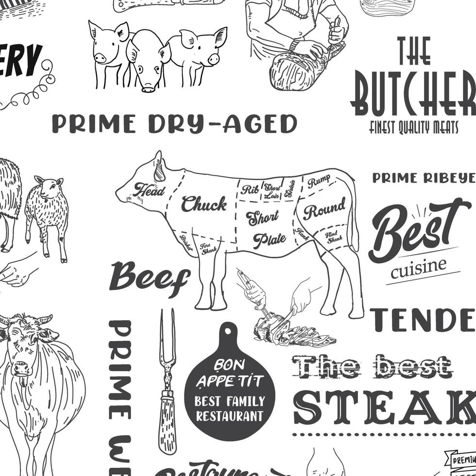 carne, bistec, ternera y cerdo dibujados a mano, patrón sin costuras de cordero vector