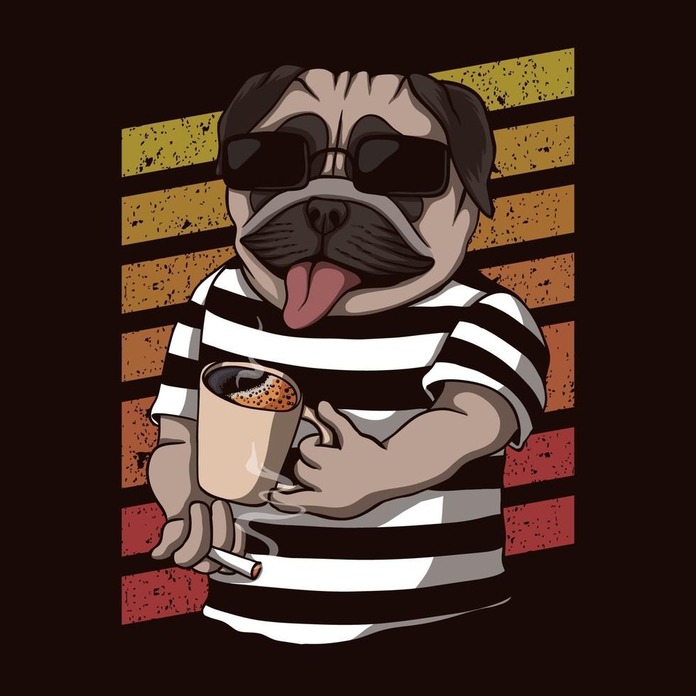 Pug dog drinking coffee retro vector illustration