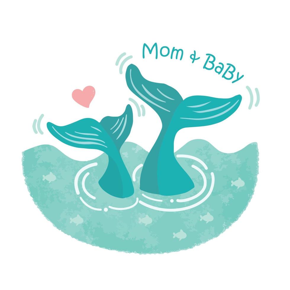 Mother's day card with Whales. Cute animal mom and baby. vector