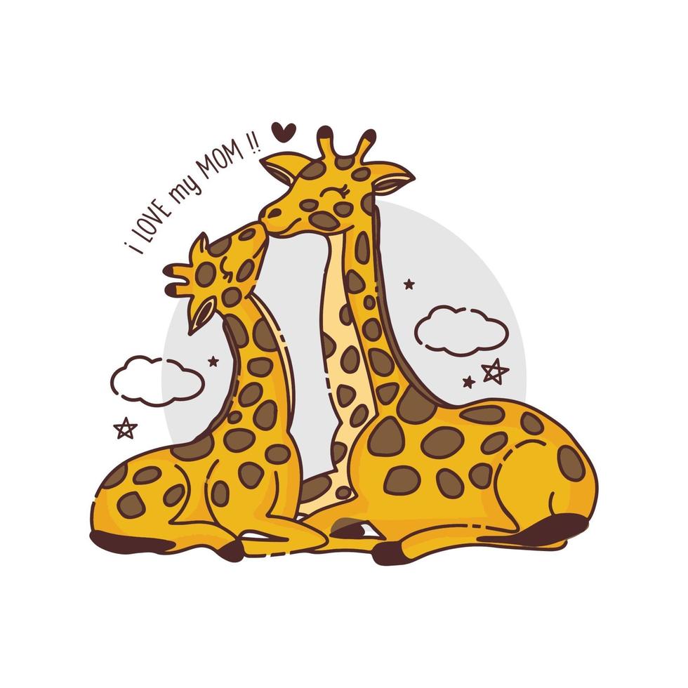 Mother's day card with Giraffes. Giraffe mother kissing baby giraffe