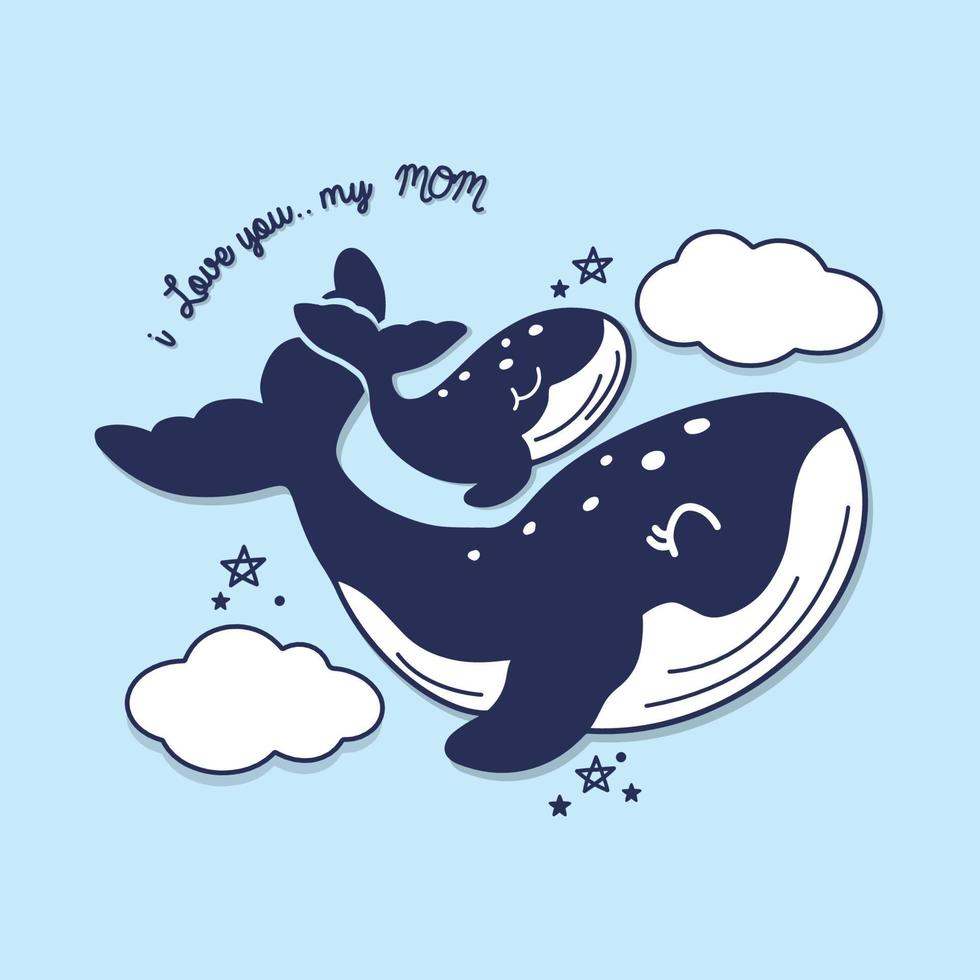 Mother's day card with Whales. Cute animal mom and baby. vector