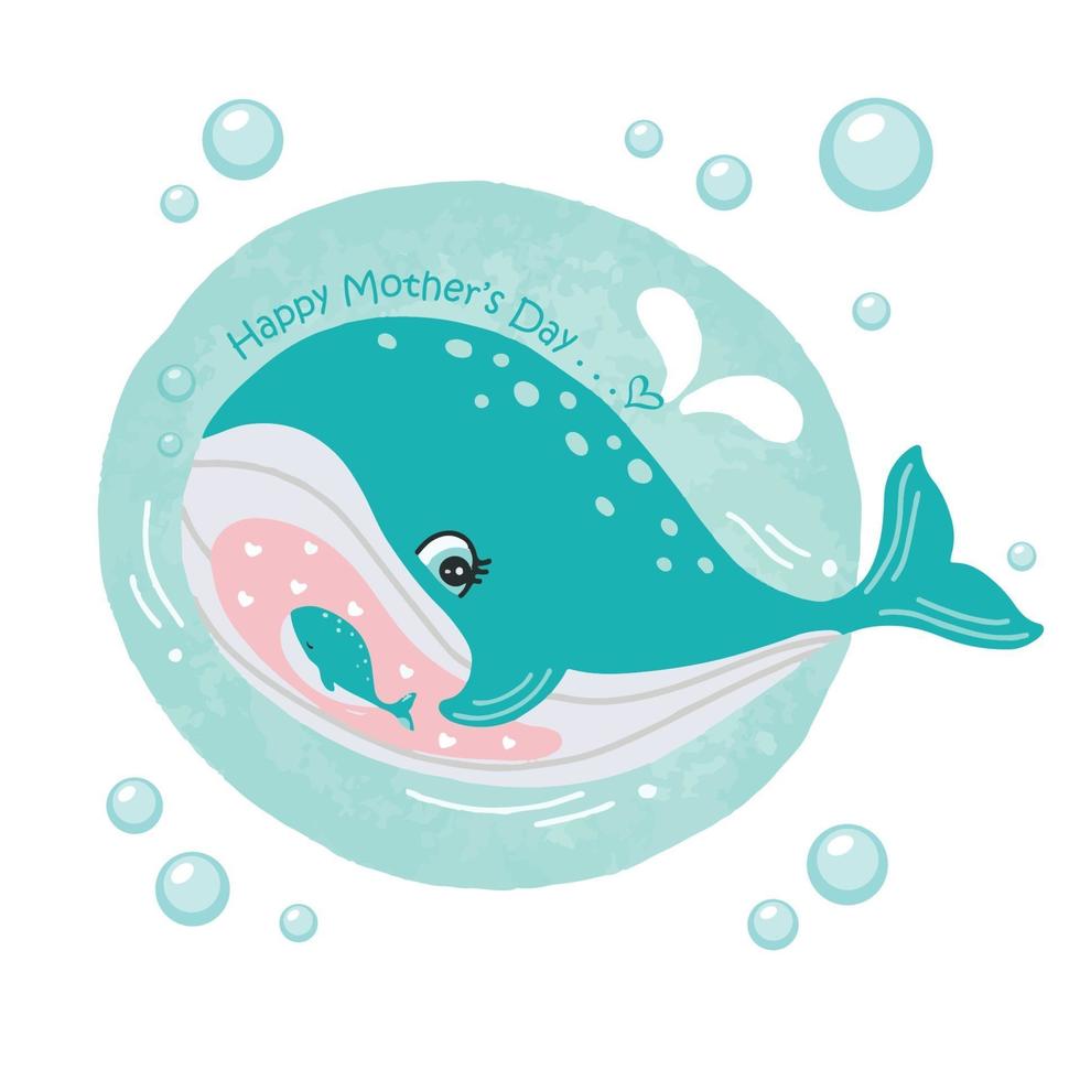 tarjeta del día de la madre con ballenas. lindo animal mamá y bebé. vector