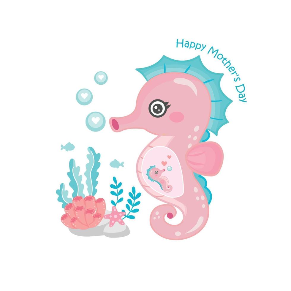 tarjeta del día de la madre con caballito de mar. lindo animal mamá y bebé. vector