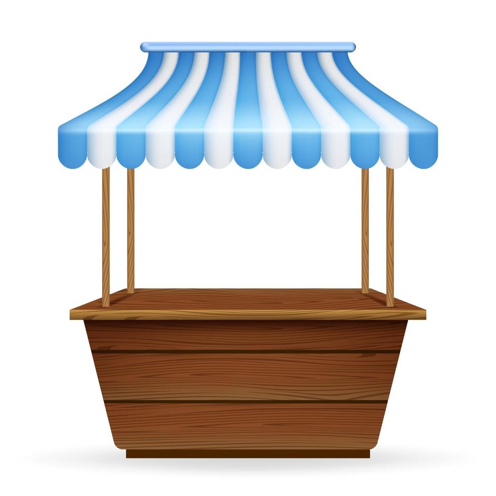 Vector realistic illustration of empty market stall with blue and white striped awning. Mockup of wooden counter with canopy for street trading.