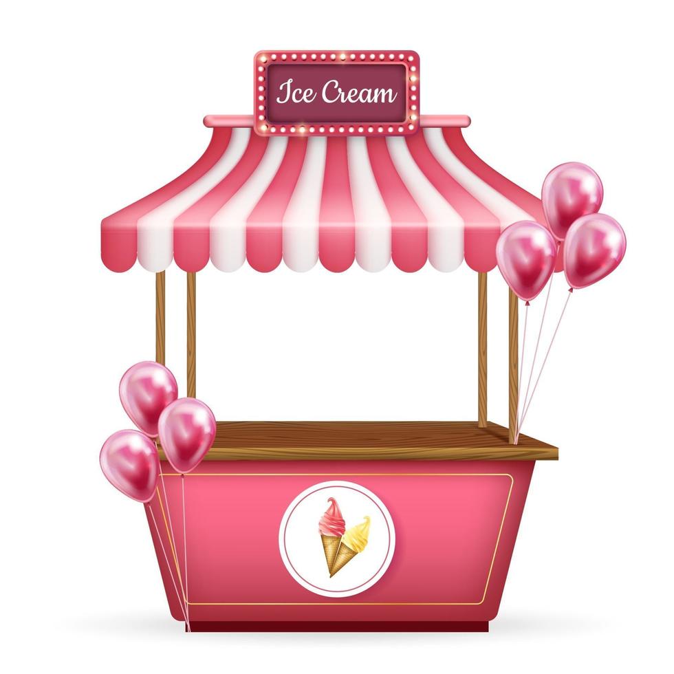 3d realistic vector cart, food kiosk stand. Pink shop with ice cream and balloons