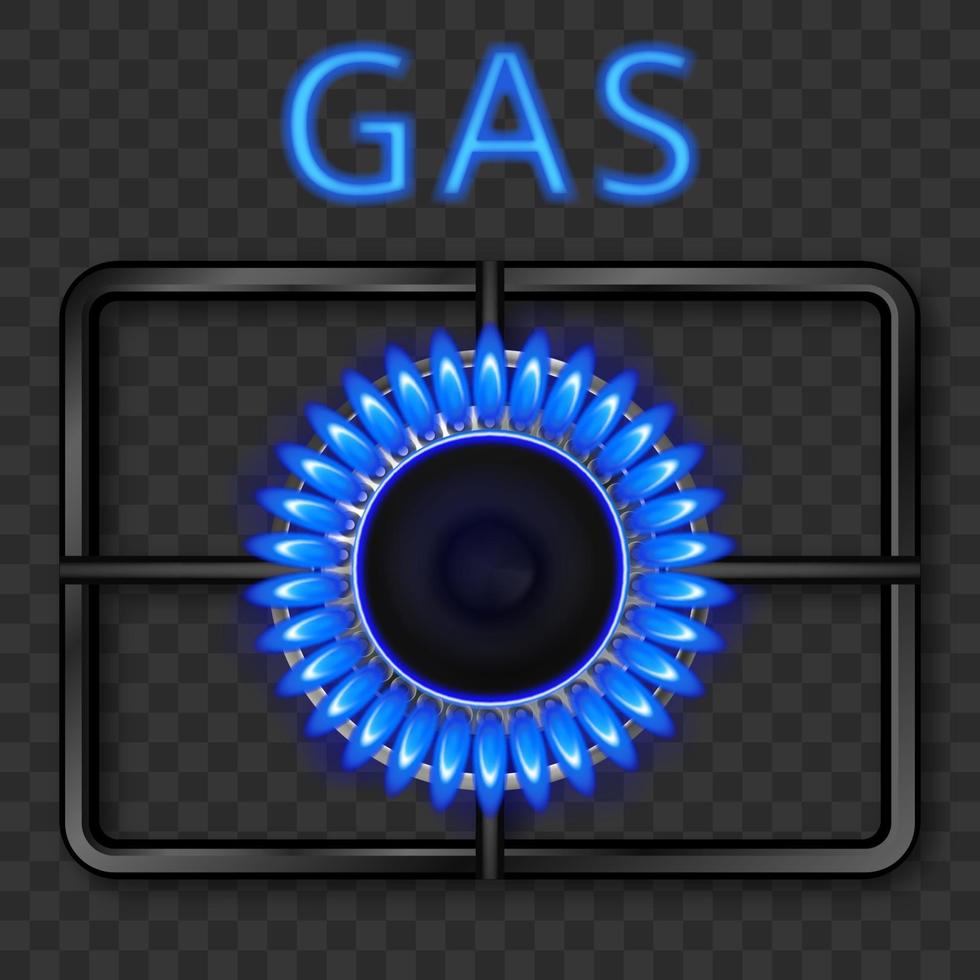 Gas burner with blue flame and black steel grate. Vector realistic illustration