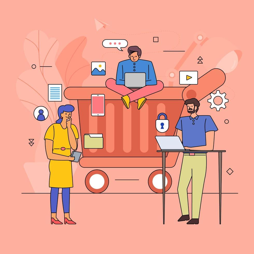 Flat design of teamwork on online shopping vector