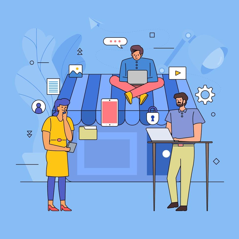 Flat design of teamwork on online shopping vector