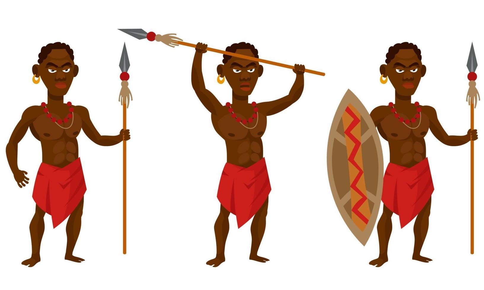 guerrero tribal africano en diferentes poses. vector