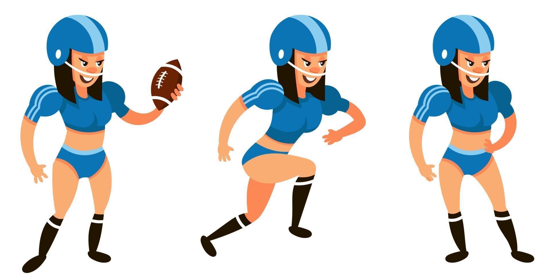 American football player in different poses. Female character in cartoon style. vector
