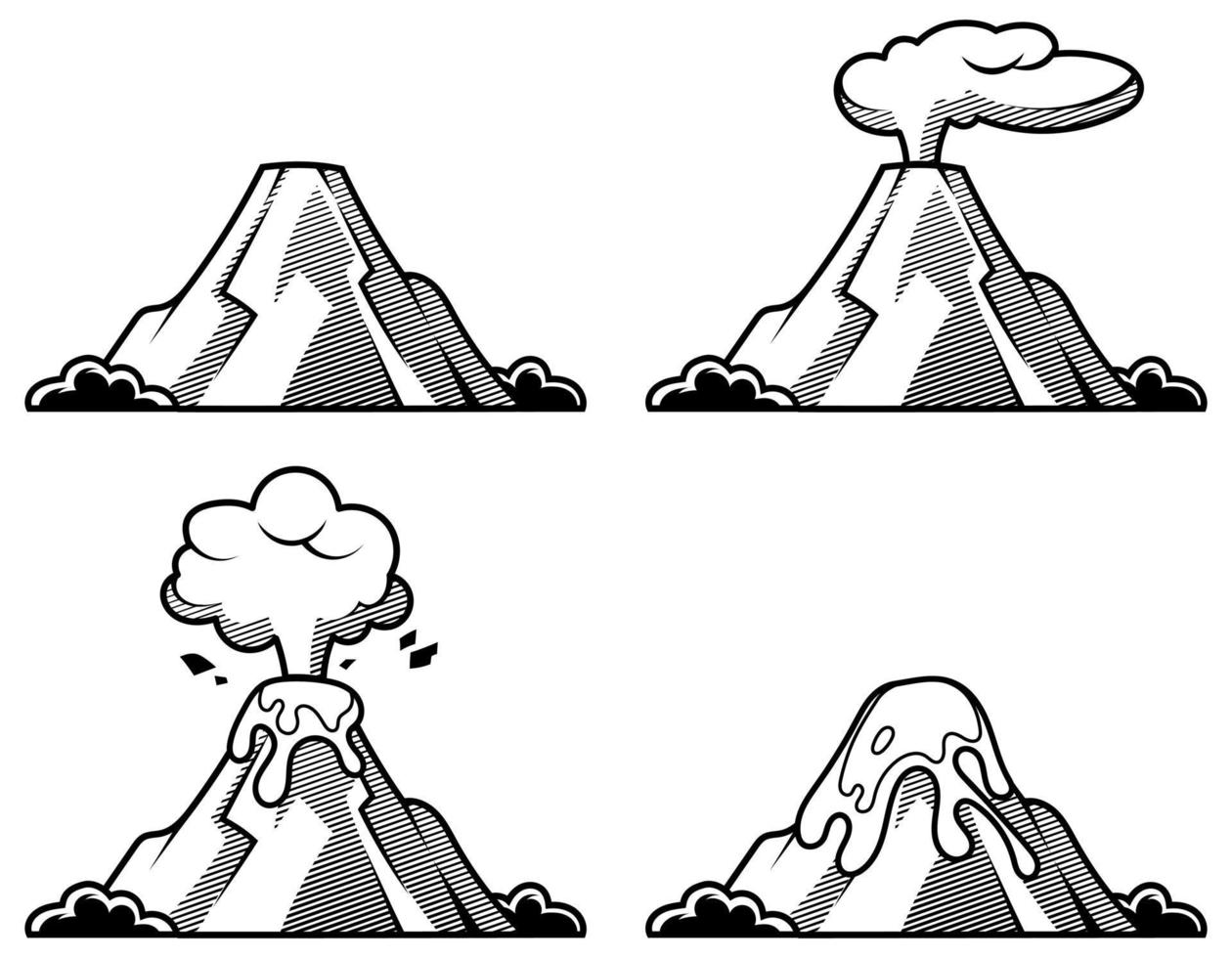 Set of volcanoes of varying degrees of eruption. Illustration in engraving style. vector