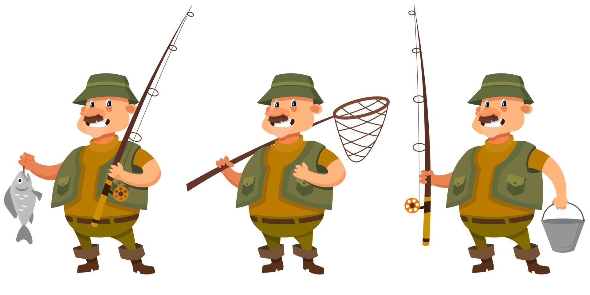 Fisherman in different poses. vector