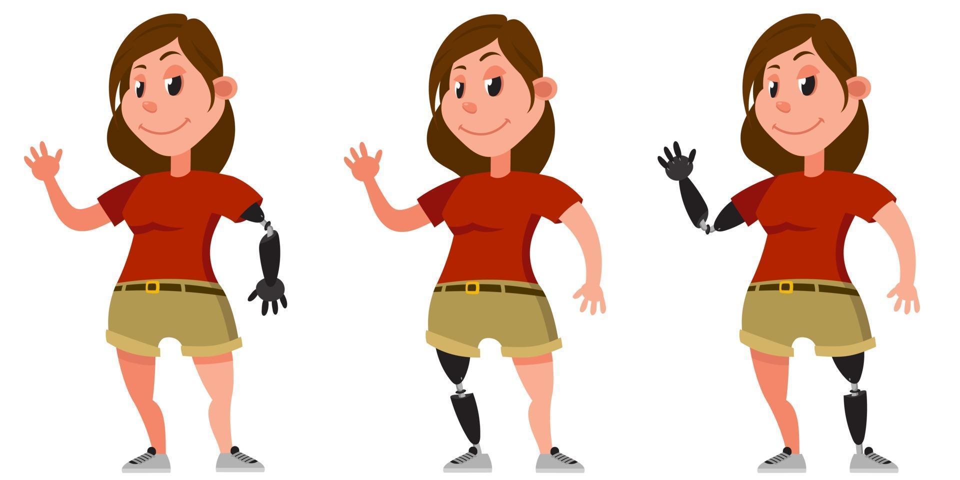 Woman with prosthetic arm and leg. vector