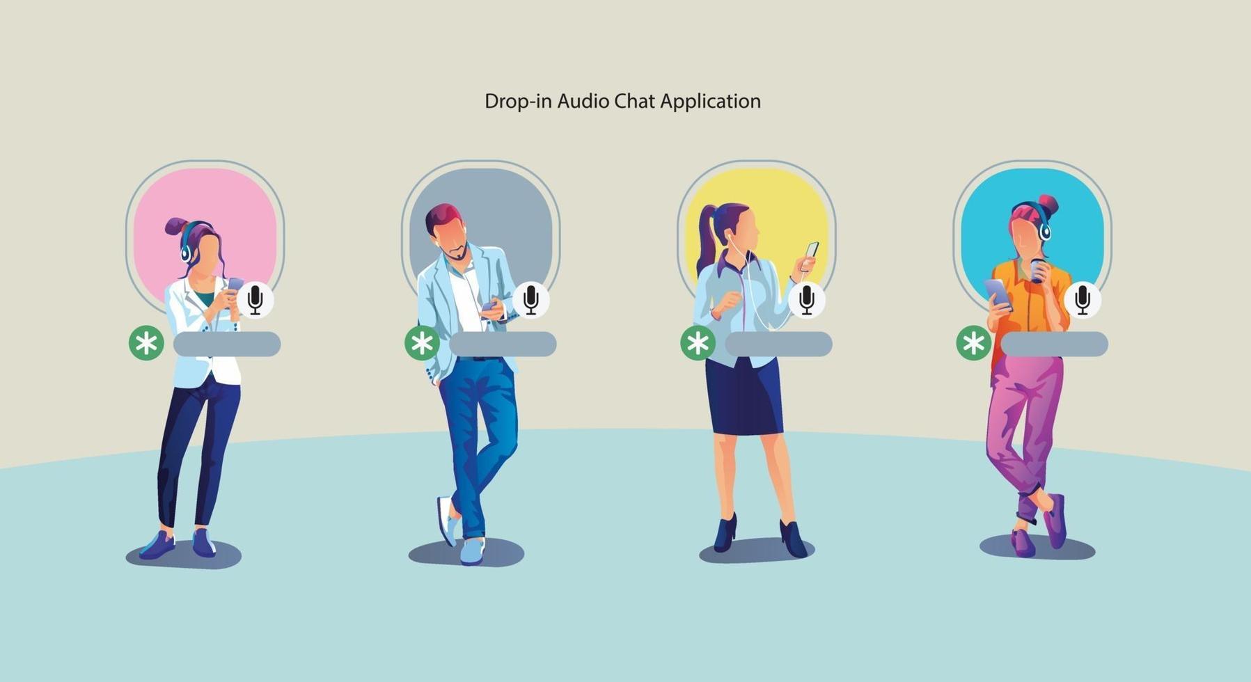 One man use headphones listens to a smartphone, screen show status of people using social networking applications vector