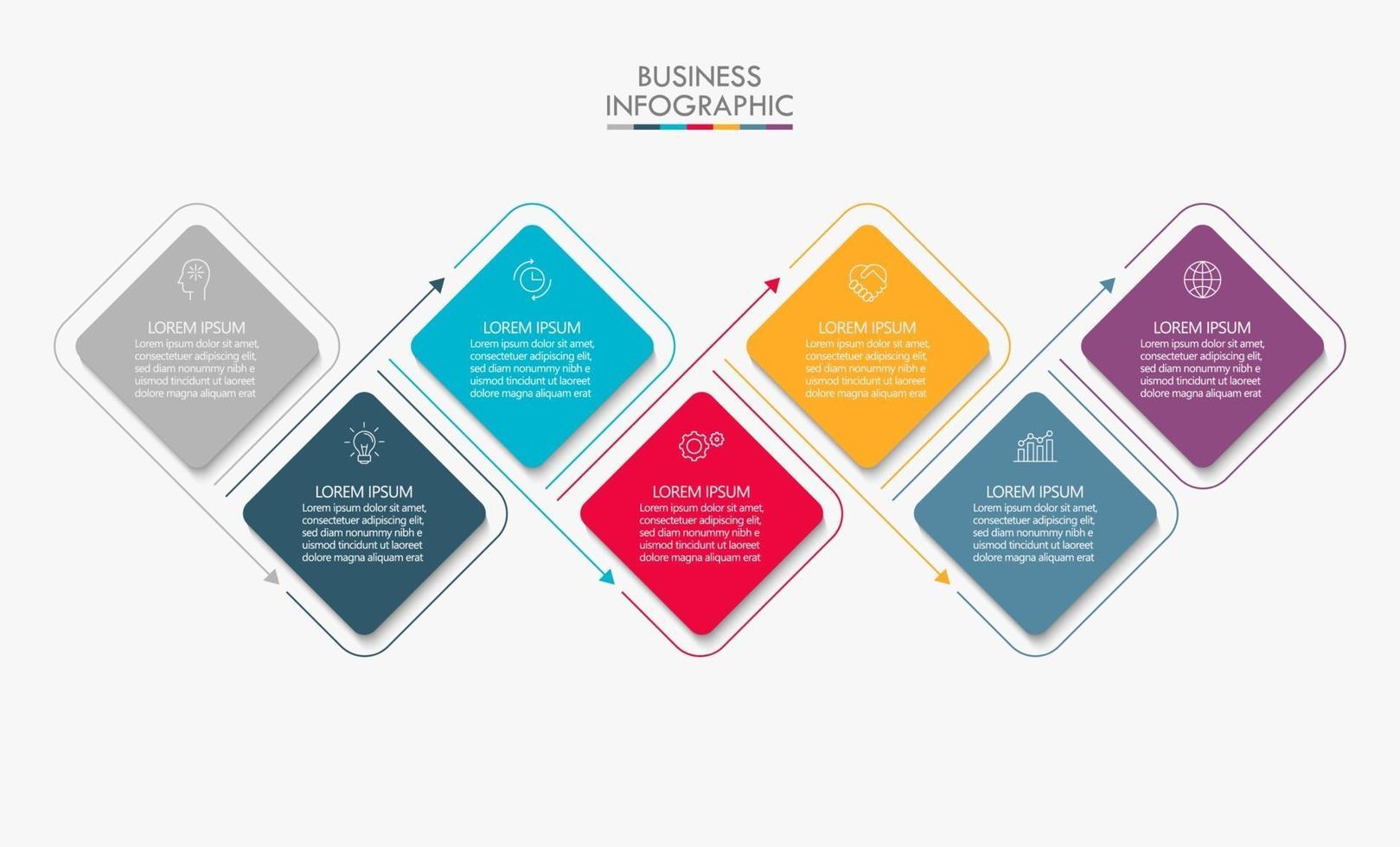 Plantilla de infografía empresarial de flecha de línea delgada de forma cuadrada con 7 opciones vector