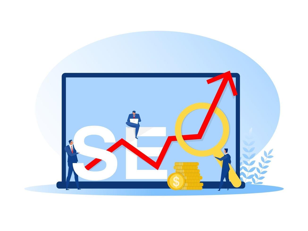 Businessman holding magnifying glass, mouse pointer or using laptop sit on analytics graph on the word SEO vector illustrator.