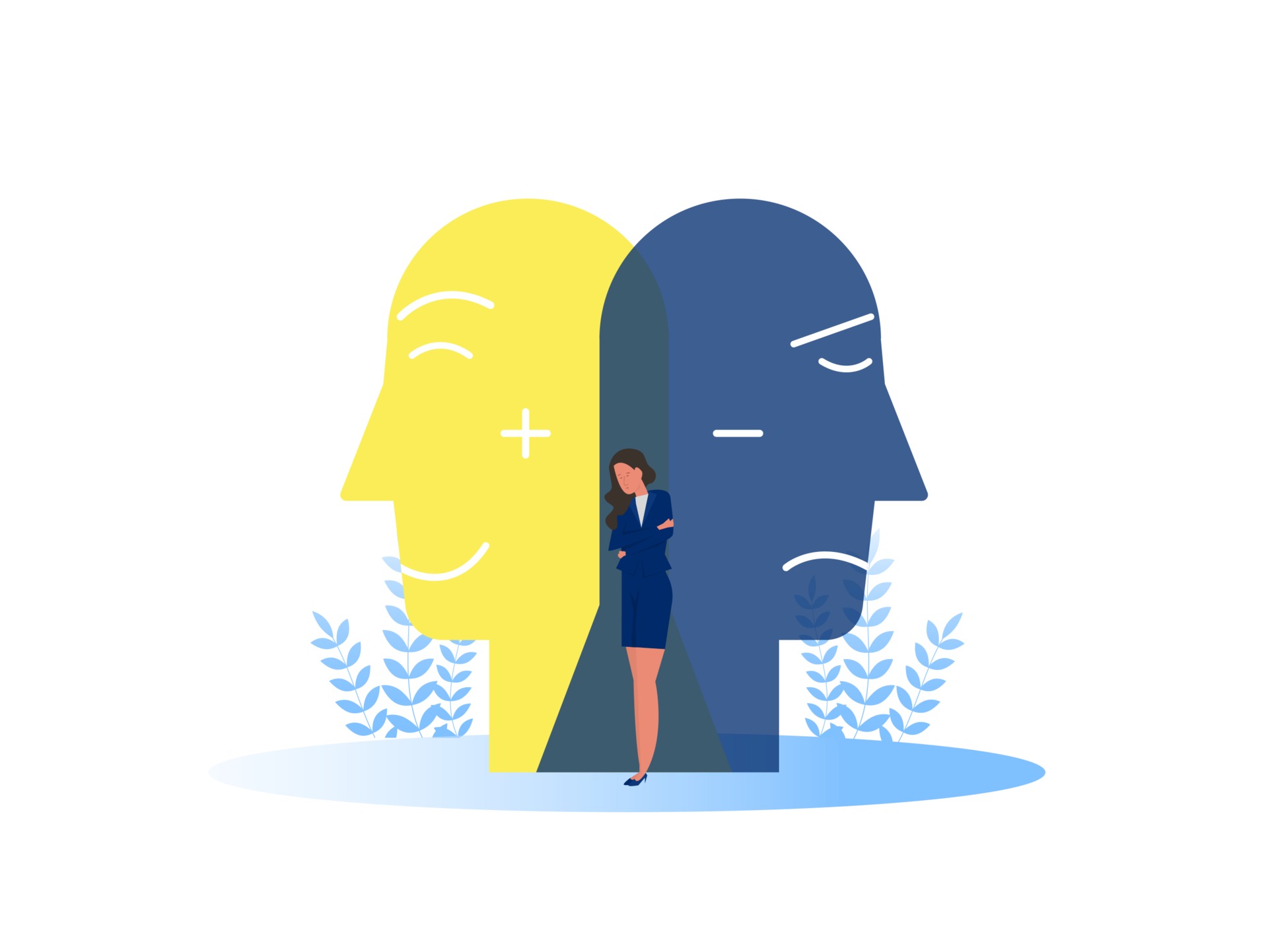 Máscaras del síndrome del impostor con expresiones felices o tristes. trastorno bipolar caras falsas y emociones. psicología comportamiento falso o engañador 2162912 Vector en Vecteezy