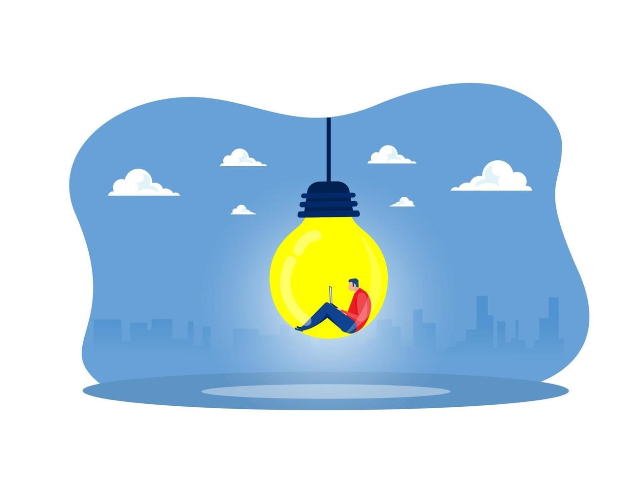 man in lightbulb, idea thinking concept of finding great good idea symbol, creativity light bulb flat illustration vector