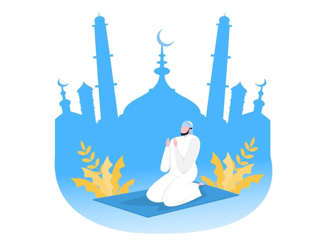 Religious Muslim prayer in traditional clothes on mosque background vector graphics