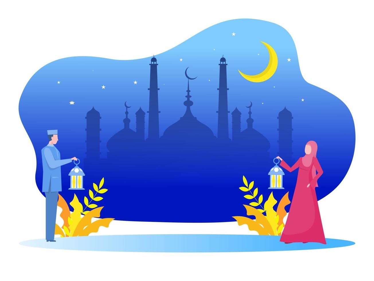 un joven musulmán y una mujer traen una lámpara y caminan hacia la mezquita. Ilustración de vector de ilustración de Ramadán Kareem