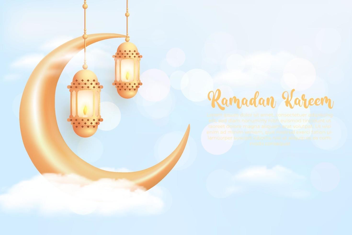 Ramadan kareem background with realistic golden lanterns and crescent moon vector