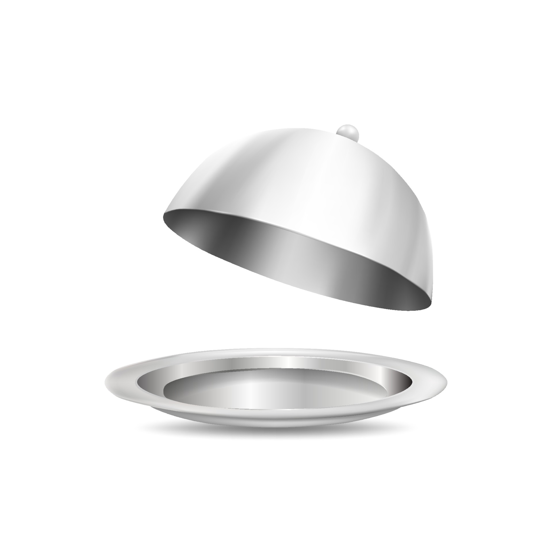 3D silver plate and food cover isolated on white background. Realistic