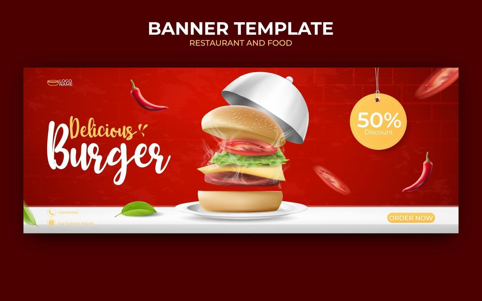 Plantilla de banner de anuncios de comida o culinaria. vector de ilustración con comida realista de hamburguesa, chile, plato y tapa.