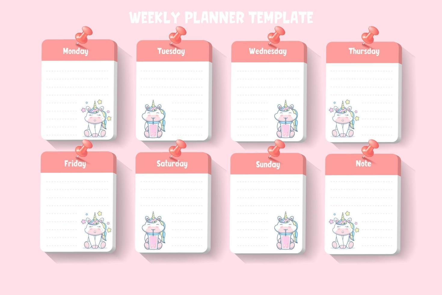 3d weekly planner template with unicorn. vector