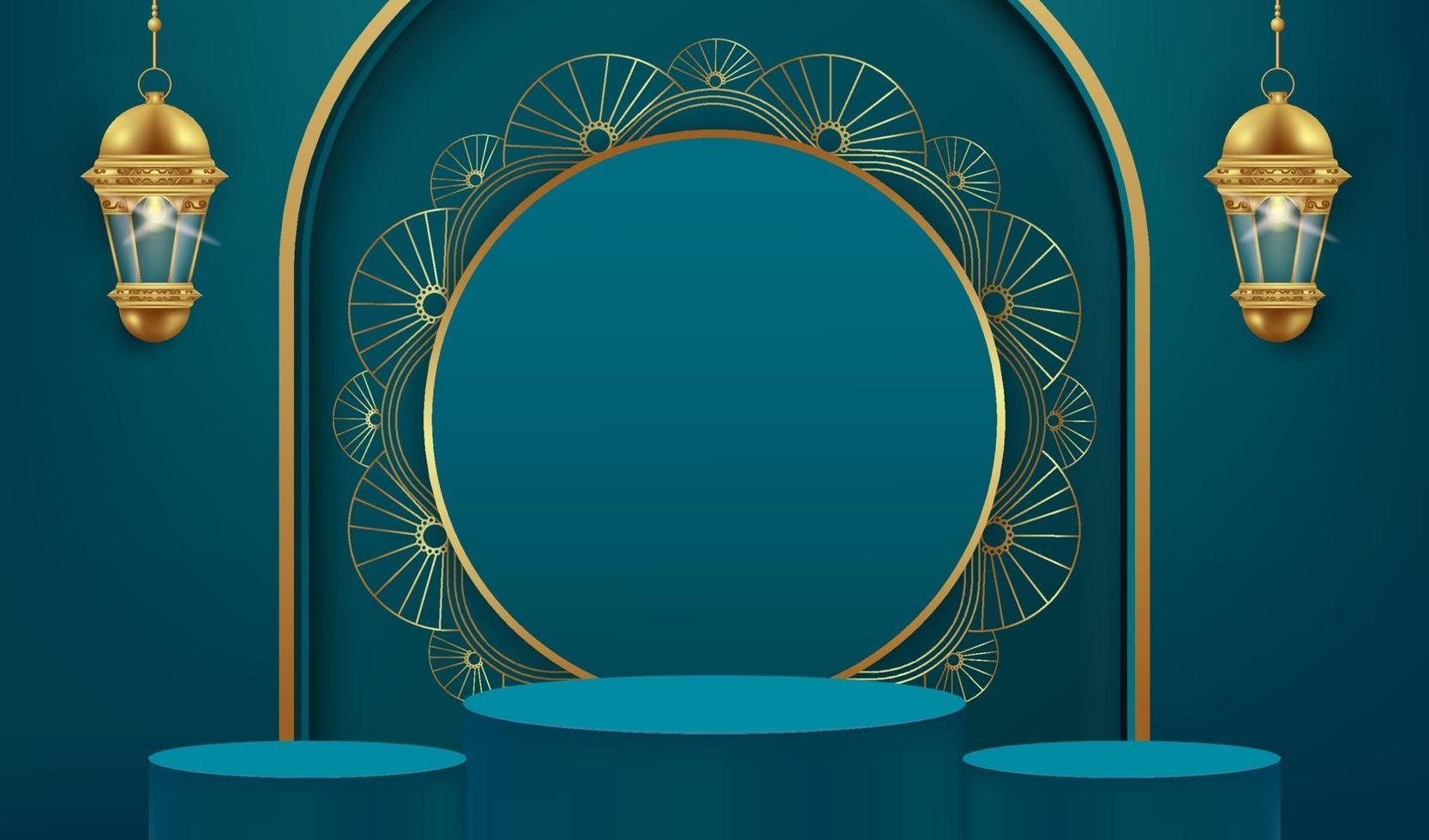 Fondo 3d de ramadan kareem con lámpara dorada y podio. vector