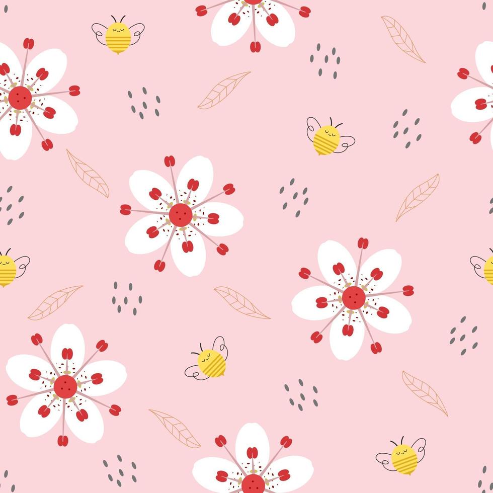 Seamless pattern with pretty flowers and bees. vector