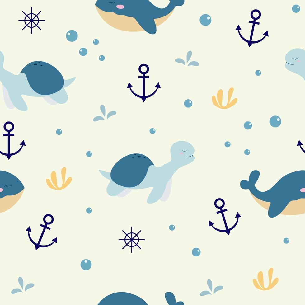 Seamless pattern with cute turtle and whale vector