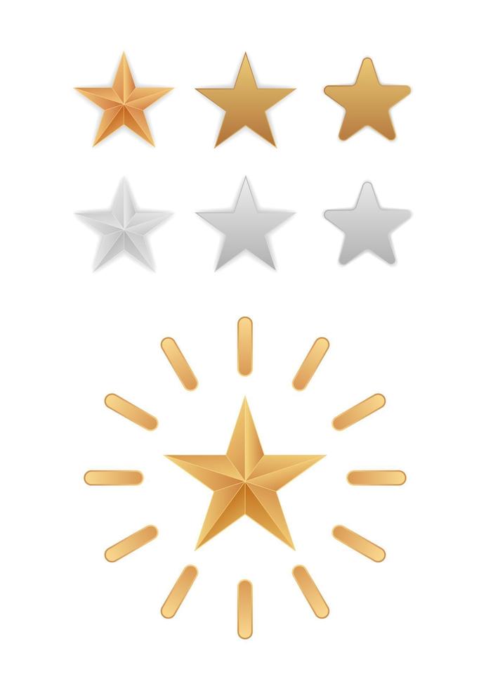 Conjunto de iconos 3d de forma de estrella de oro y plata clásico vector