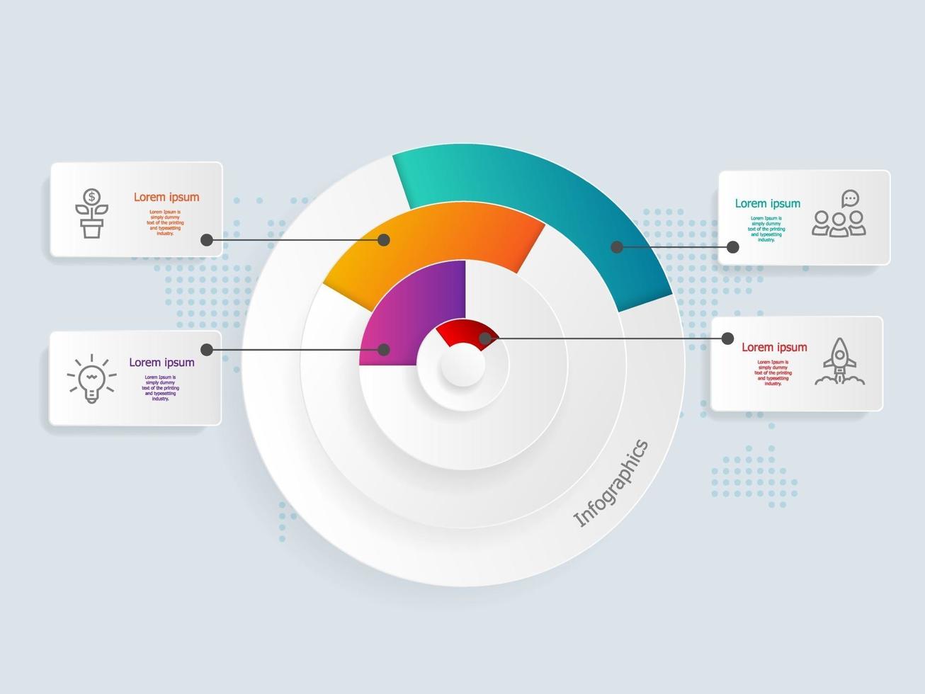 Infografía de línea de tiempo de círculo abstracto, 4 pasos con mapa del mundo para negocios y presentación vector