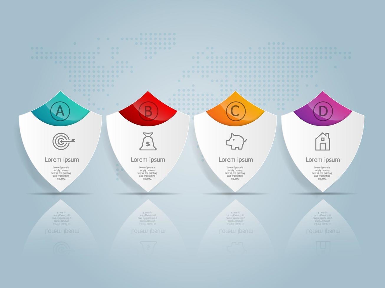 Infografía de línea de tiempo de escudo horizontal abstracto, 4 pasos con plantilla de mapa mundial para negocios y presentación vector