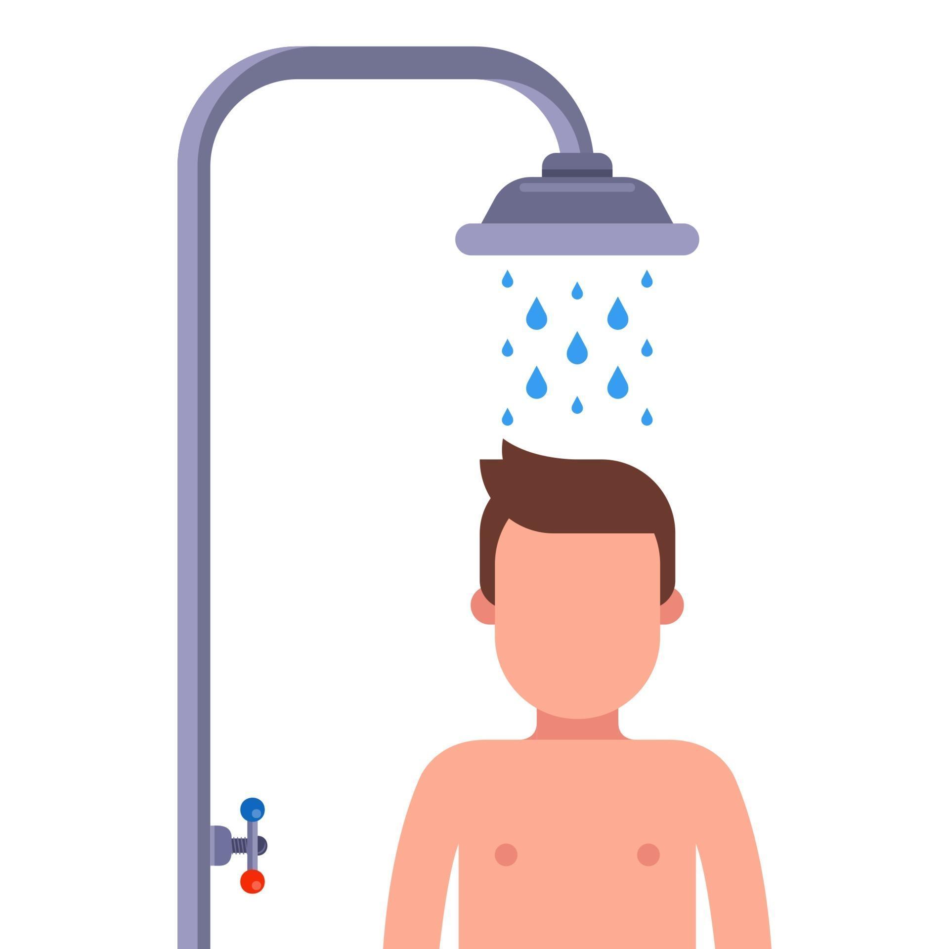 a man takes a morning shower before work. observe body hygiene. flat vector illustration