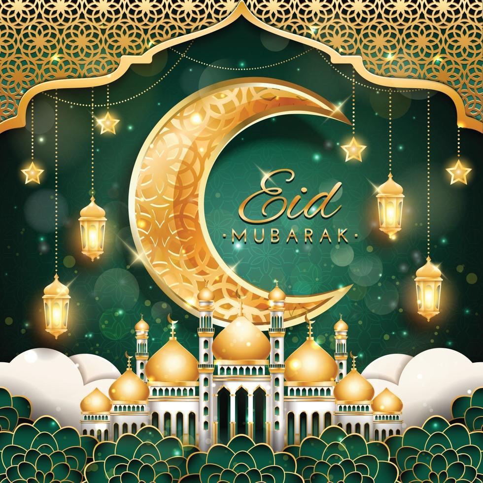 eid mubarak con luna creciente y mezquita vector