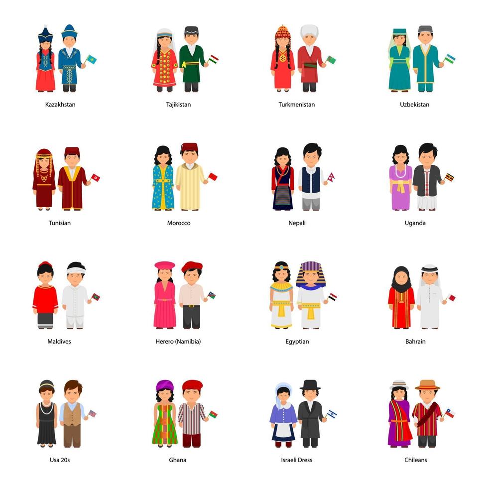 Avatares de parejas masculinas y femeninas vistiendo ropas tradicionales en todo el mundo. vector