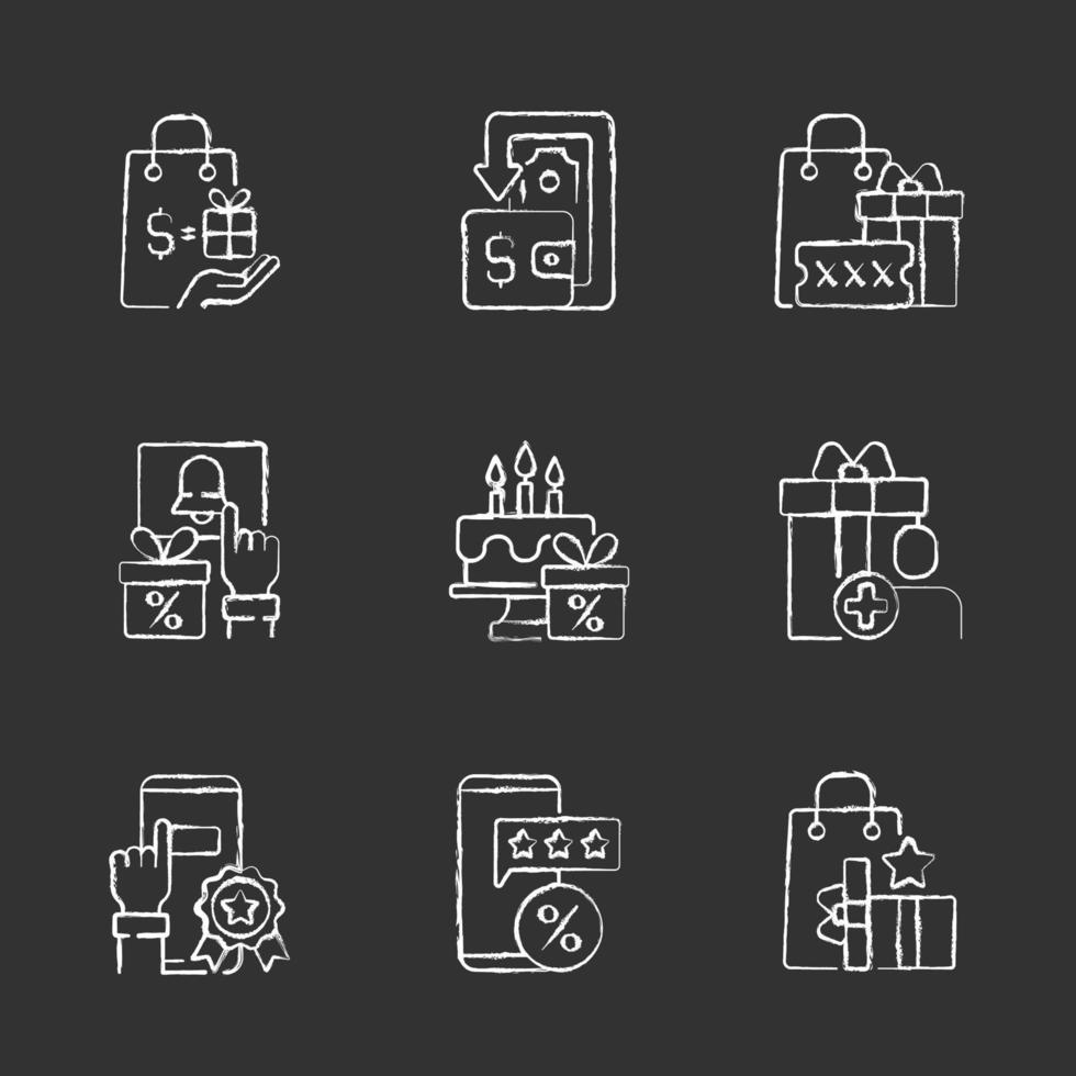 Cash back and cost reduction chalk white icons set on black background vector