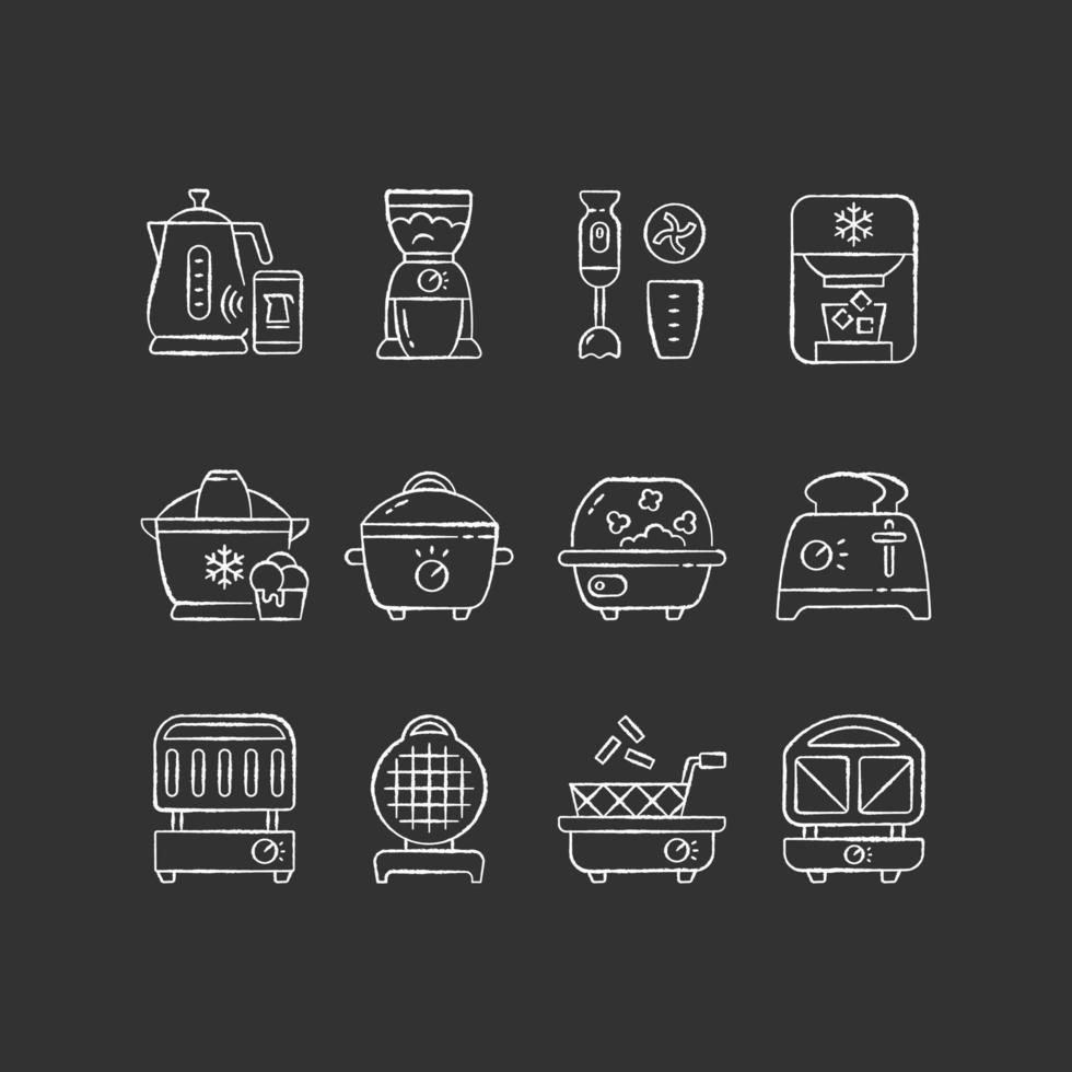 Small kitchen appliance chalk white icons set on black background vector