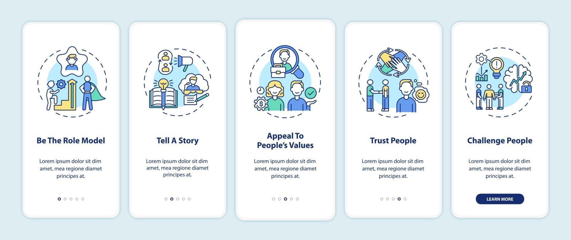 Tips of how to motivate people onboarding mobile app page screen with concepts vector