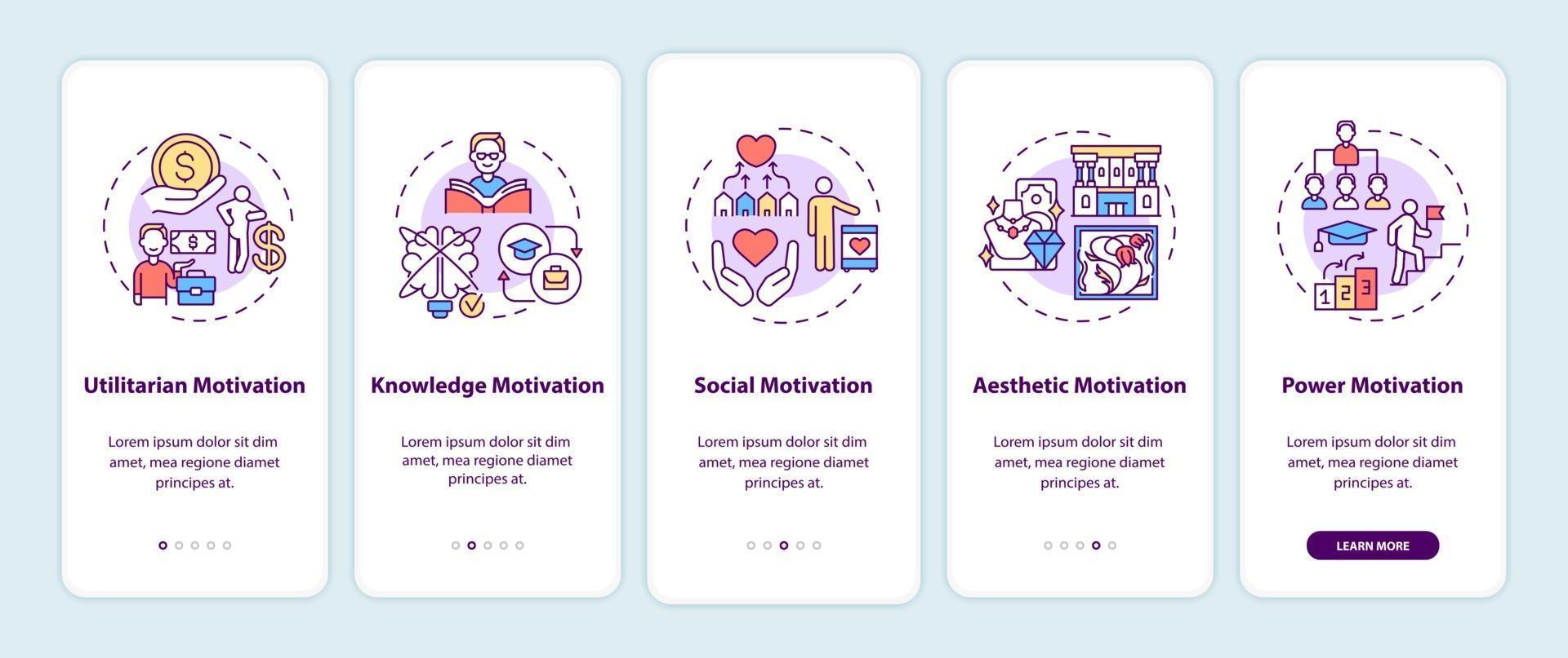 Motivational factors onboarding mobile app page screen with concepts vector