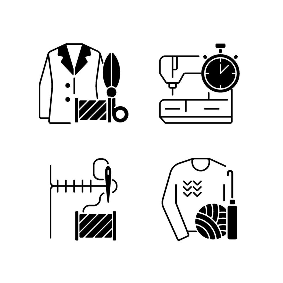 Outfit repair services black linear icons set vector
