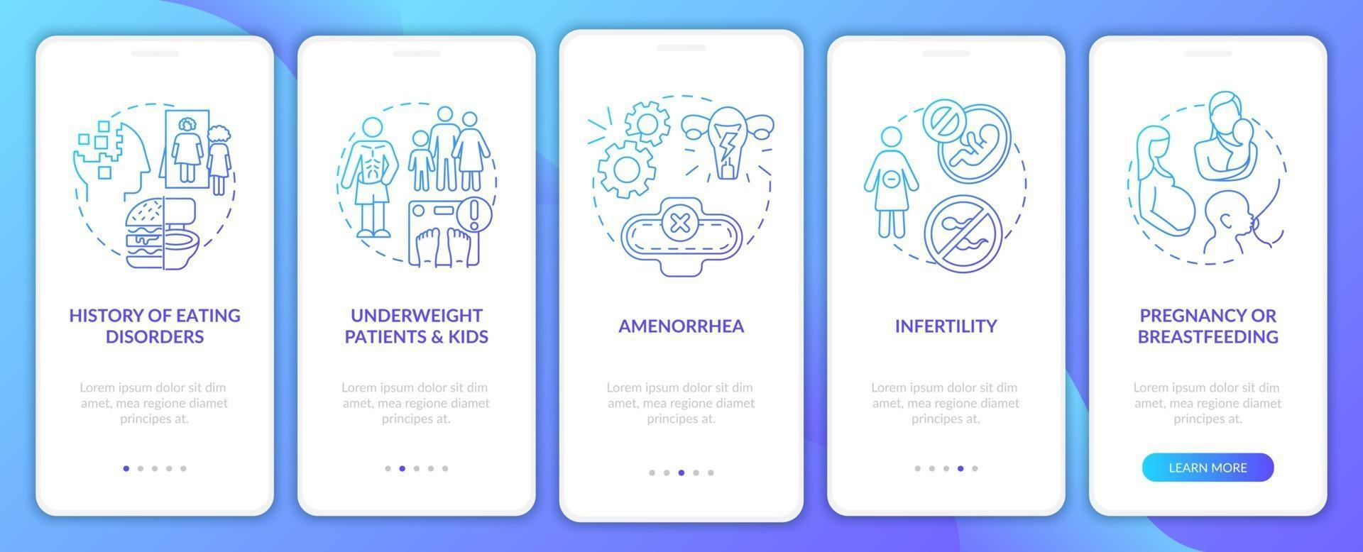 Intermittent fasting precaution blue onboarding mobile app page screen with concepts vector