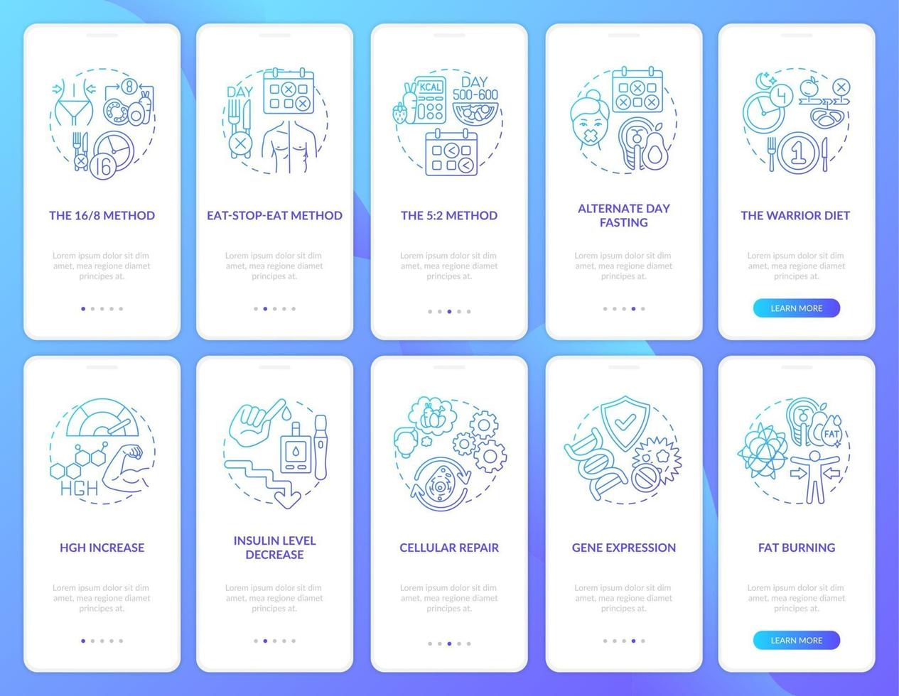 Intermittent fasting blue onboarding mobile app page screen with concepts set vector
