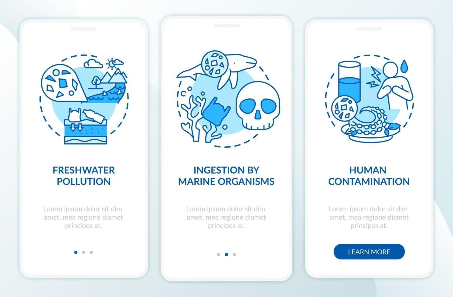 Microplastics effects onboarding mobile app page screen with concepts vector
